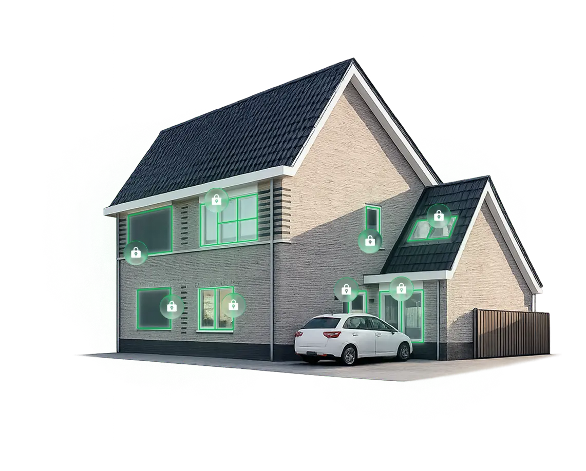 Haus mit geparktem Auto davor und mit grün gekennzeichneten Fenstern von DIAGARD.