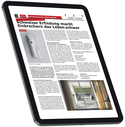 Presseartikel Schweizer KMU Verband im Tablet-Layout: Schweizer Erfindung macht Einbrechern das Leben schwer.